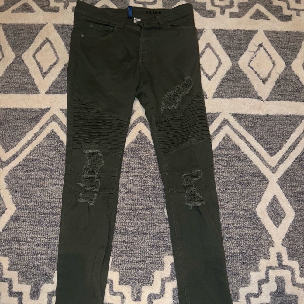 Olive Green Distressed Biker Jeans